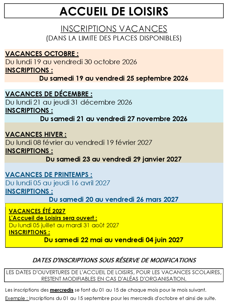 CALENDRIER DATES INSCRIPTIONS VACANCES 2025 2026